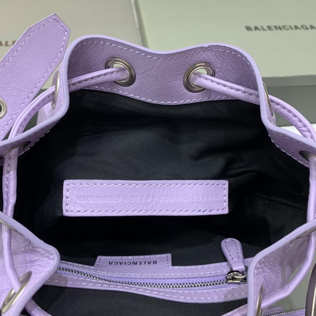 Balenciaga Le Cagole XS Bucket Bag In Light Purple Arena Lambskin, Aged-Silver Hardware(15-19.8-17.8cm) - FashionPlug