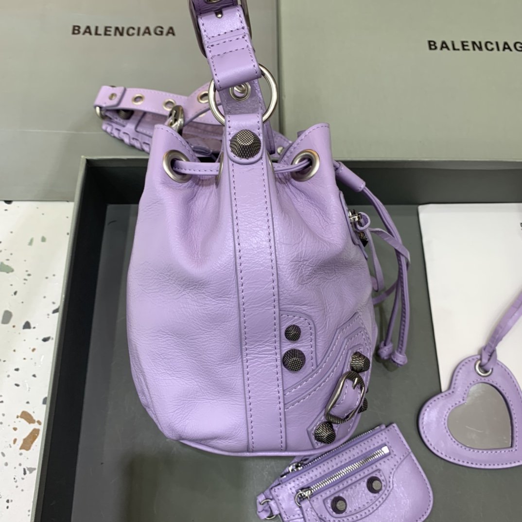 Balenciaga Le Cagole XS Bucket Bag In Light Purple Arena Lambskin, Aged-Silver Hardware(15-19.8-17.8cm) - FashionPlug