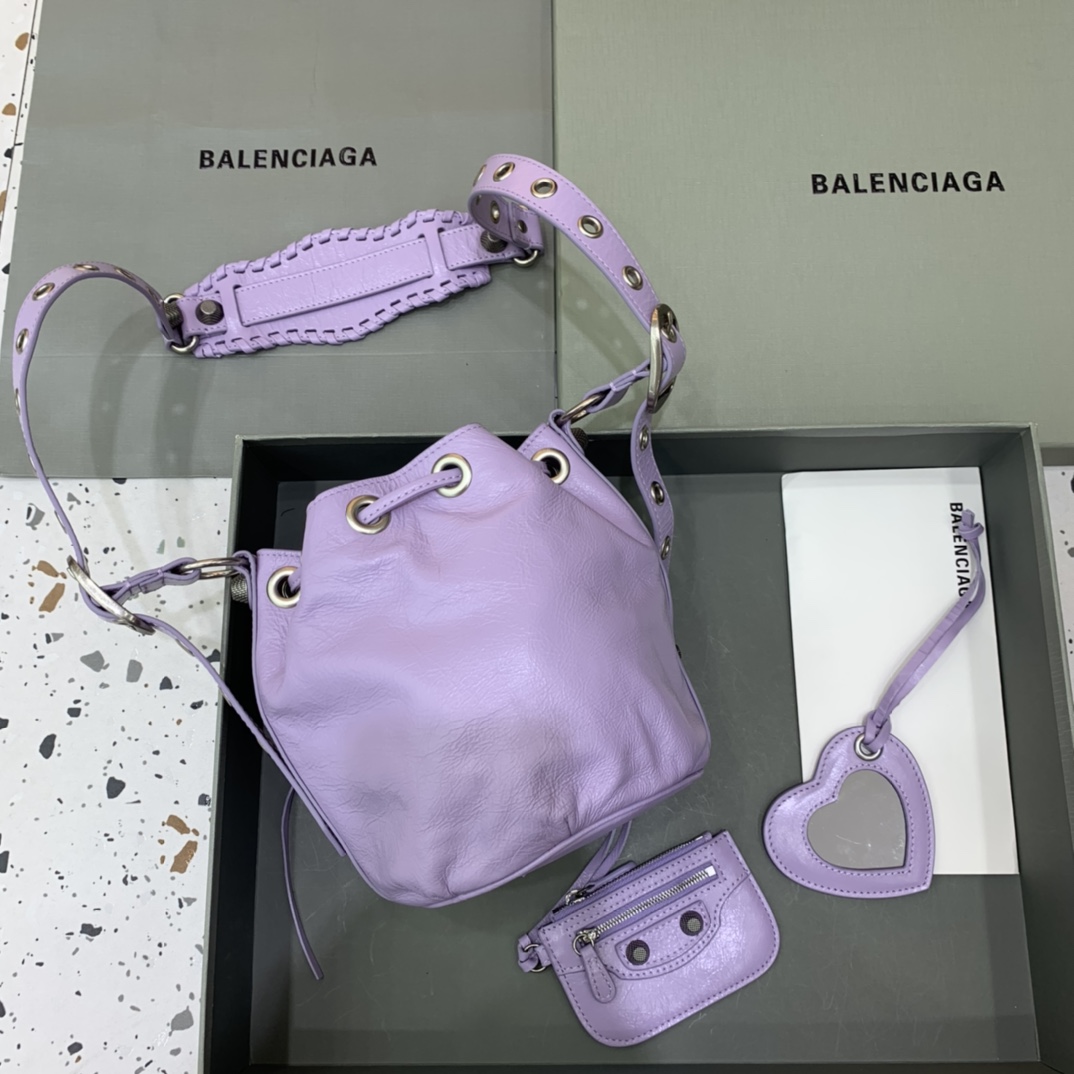 Balenciaga Le Cagole XS Bucket Bag In Light Purple Arena Lambskin, Aged-Silver Hardware(15-19.8-17.8cm) - FashionPlug