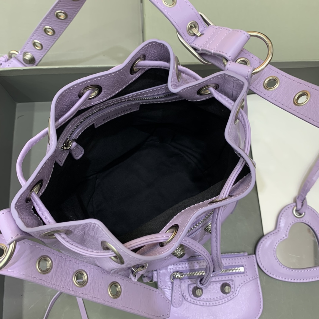 Balenciaga Le Cagole XS Bucket Bag In Light Purple Arena Lambskin, Aged-Silver Hardware(15-19.8-17.8cm) - FashionPlug