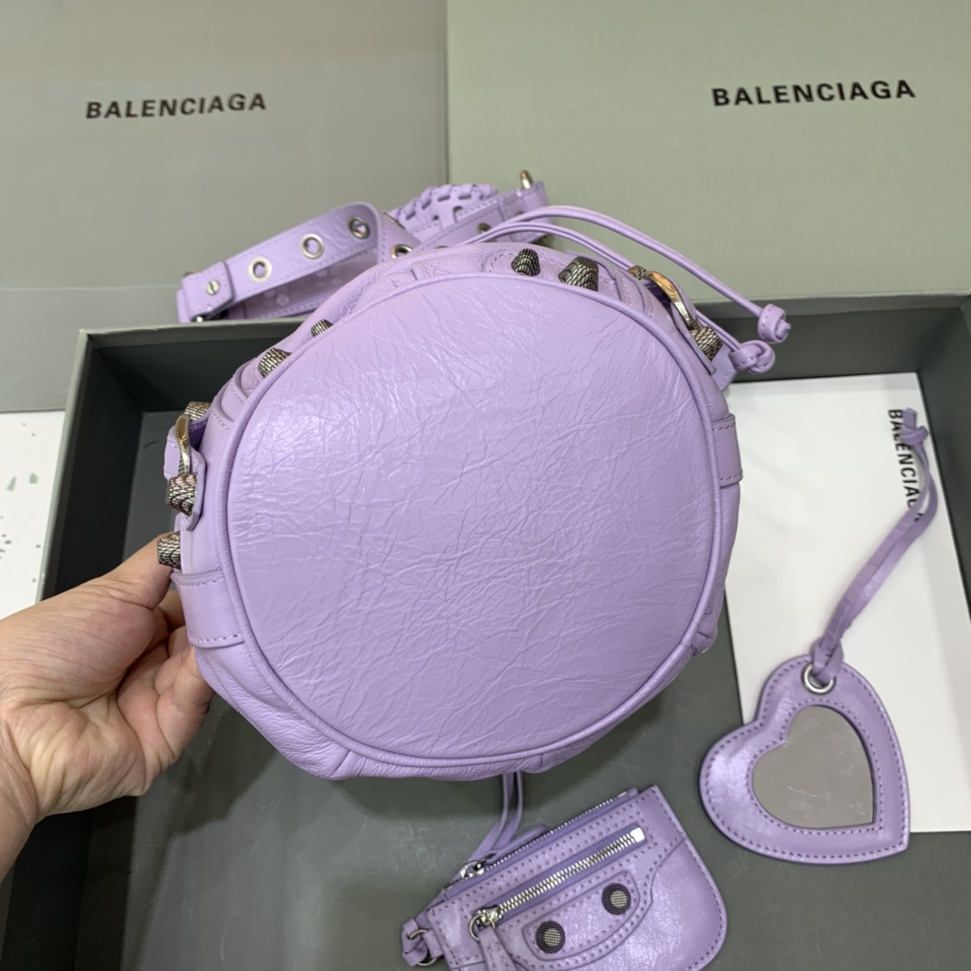 Balenciaga Le Cagole XS Bucket Bag In Light Purple Arena Lambskin, Aged-Silver Hardware(15-19.8-17.8cm) - FashionPlug