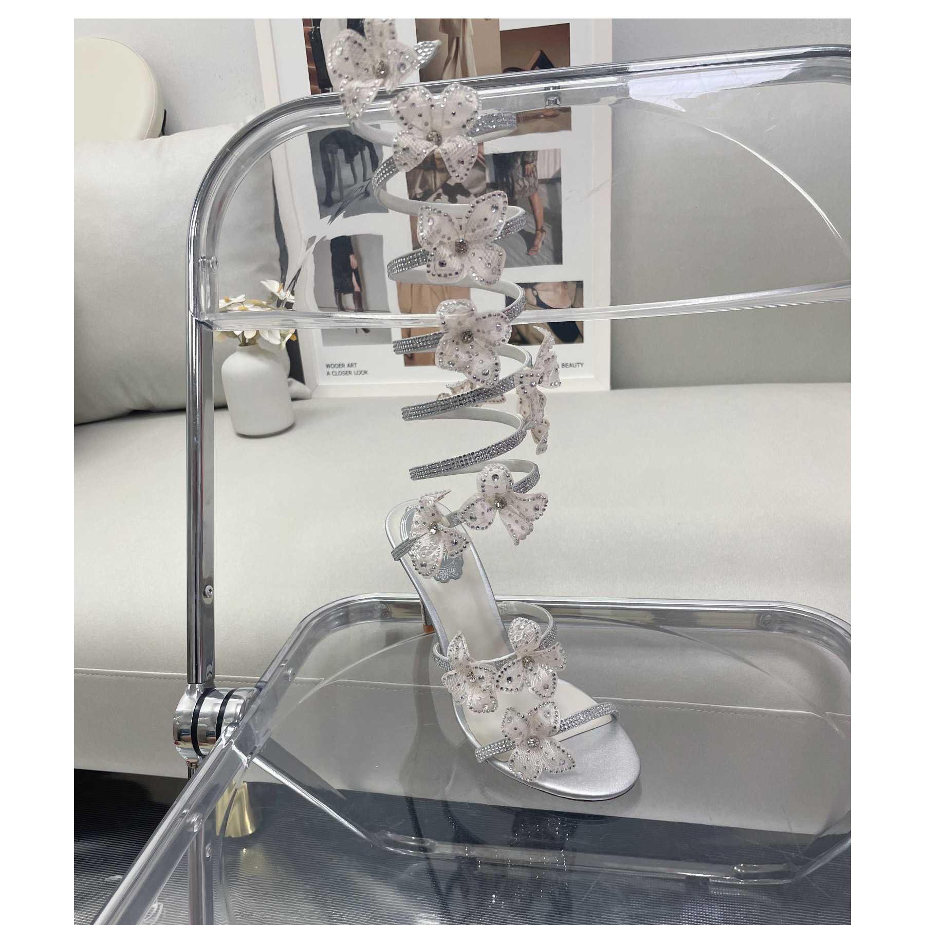 Rene Caovilla Silvery Sandals With Flowers Floriane - FashionPlug