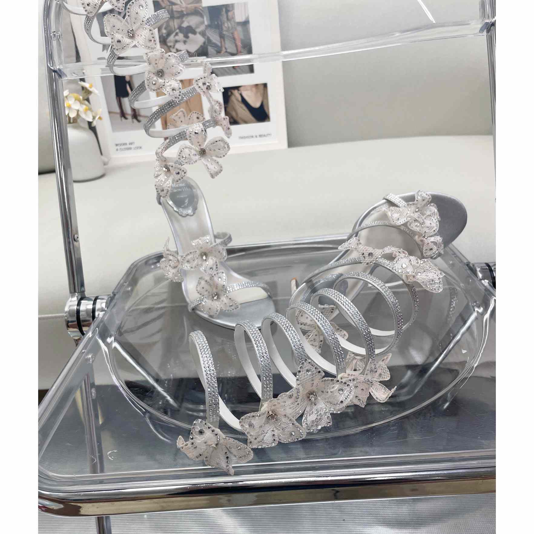 Rene Caovilla Silvery Sandals With Flowers Floriane - FashionPlug