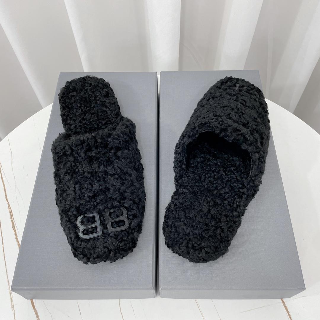 Balenciaga Cosy BB Mule In Black Fake Shearling - FashionPlug