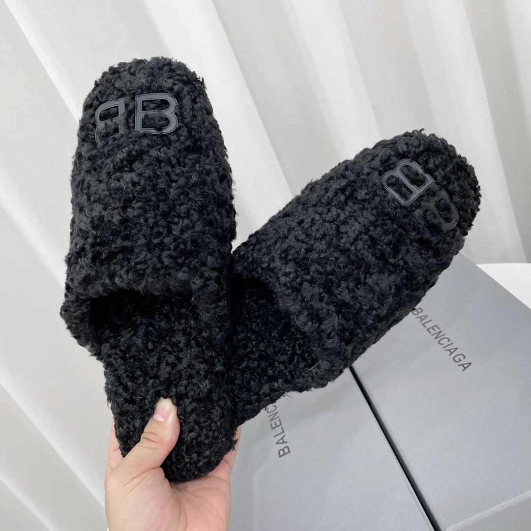 Balenciaga Cosy BB Mule In Black Fake Shearling - FashionPlug