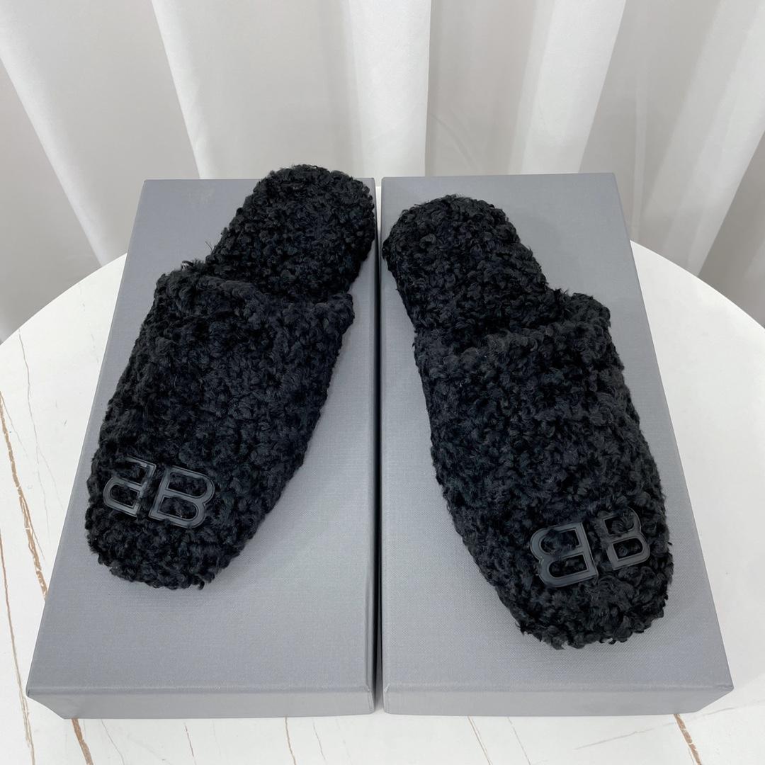 Balenciaga Cosy BB Mule In Black Fake Shearling - FashionPlug