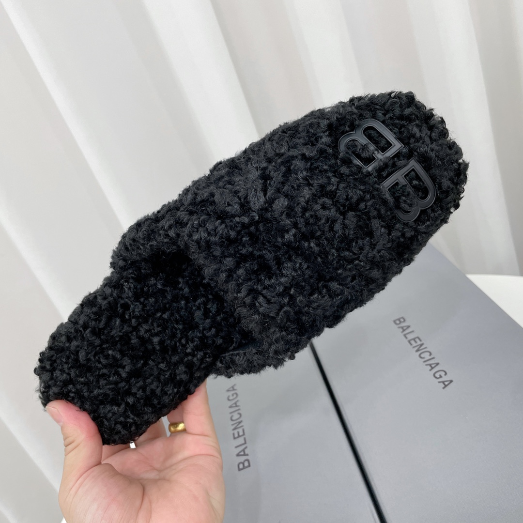 Balenciaga Cosy BB Mule In Black Fake Shearling - FashionPlug