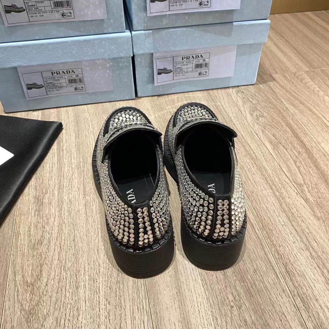 Prada Chocolate Satin Loafers With Crystals - FashionPlug