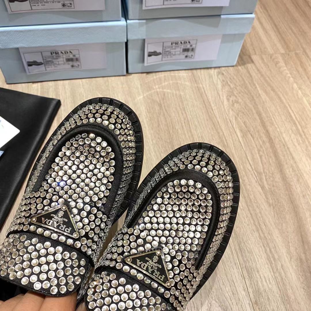 Prada Chocolate Satin Loafers With Crystals - FashionPlug