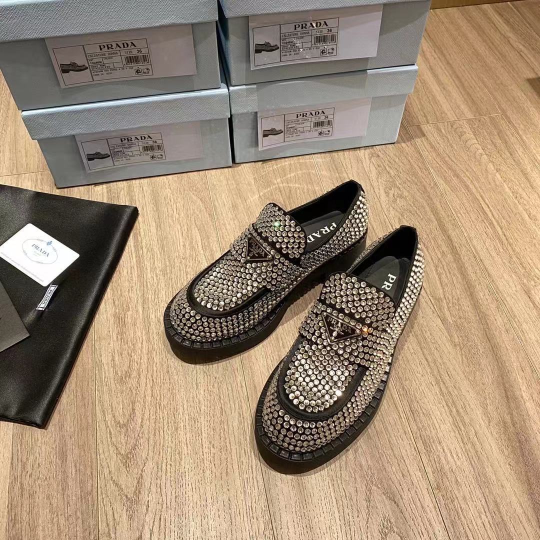 Prada Chocolate Satin Loafers With Crystals - FashionPlug