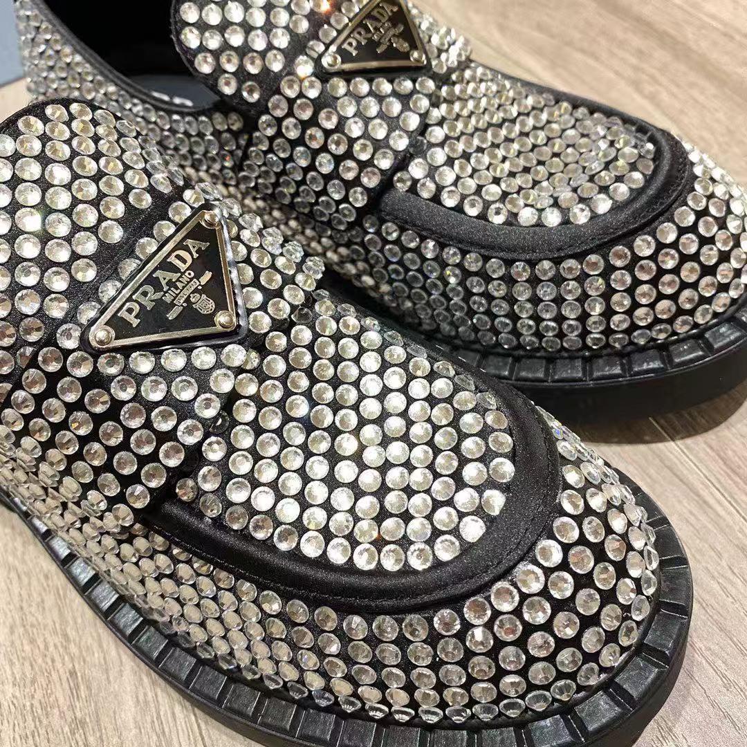 Prada Chocolate Satin Loafers With Crystals - FashionPlug
