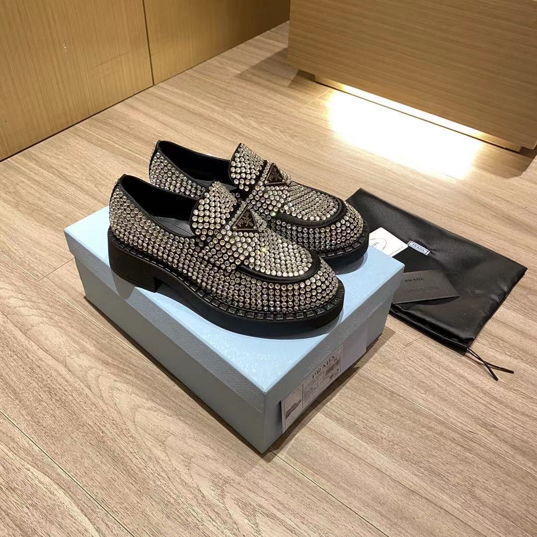 Prada Chocolate Satin Loafers With Crystals - FashionPlug