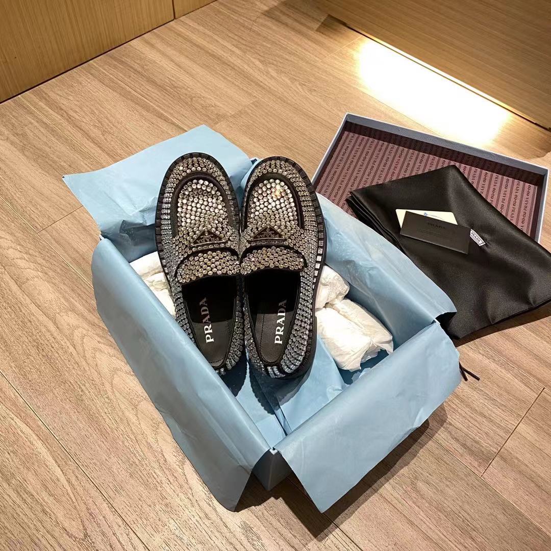 Prada Chocolate Satin Loafers With Crystals - FashionPlug