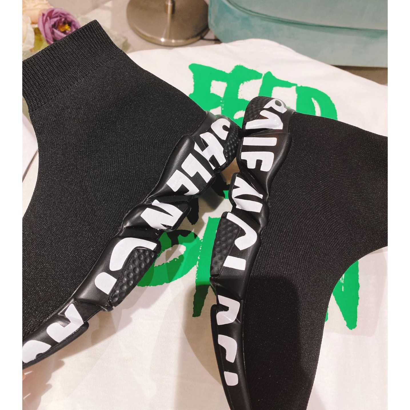 Balenciaga Speed Graffiti Sneaker In Black Knit - FashionPlug