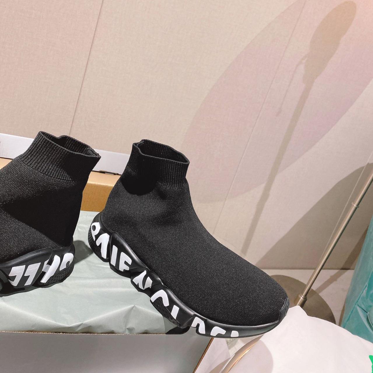 Balenciaga Speed Graffiti Sneaker In Black Knit - FashionPlug
