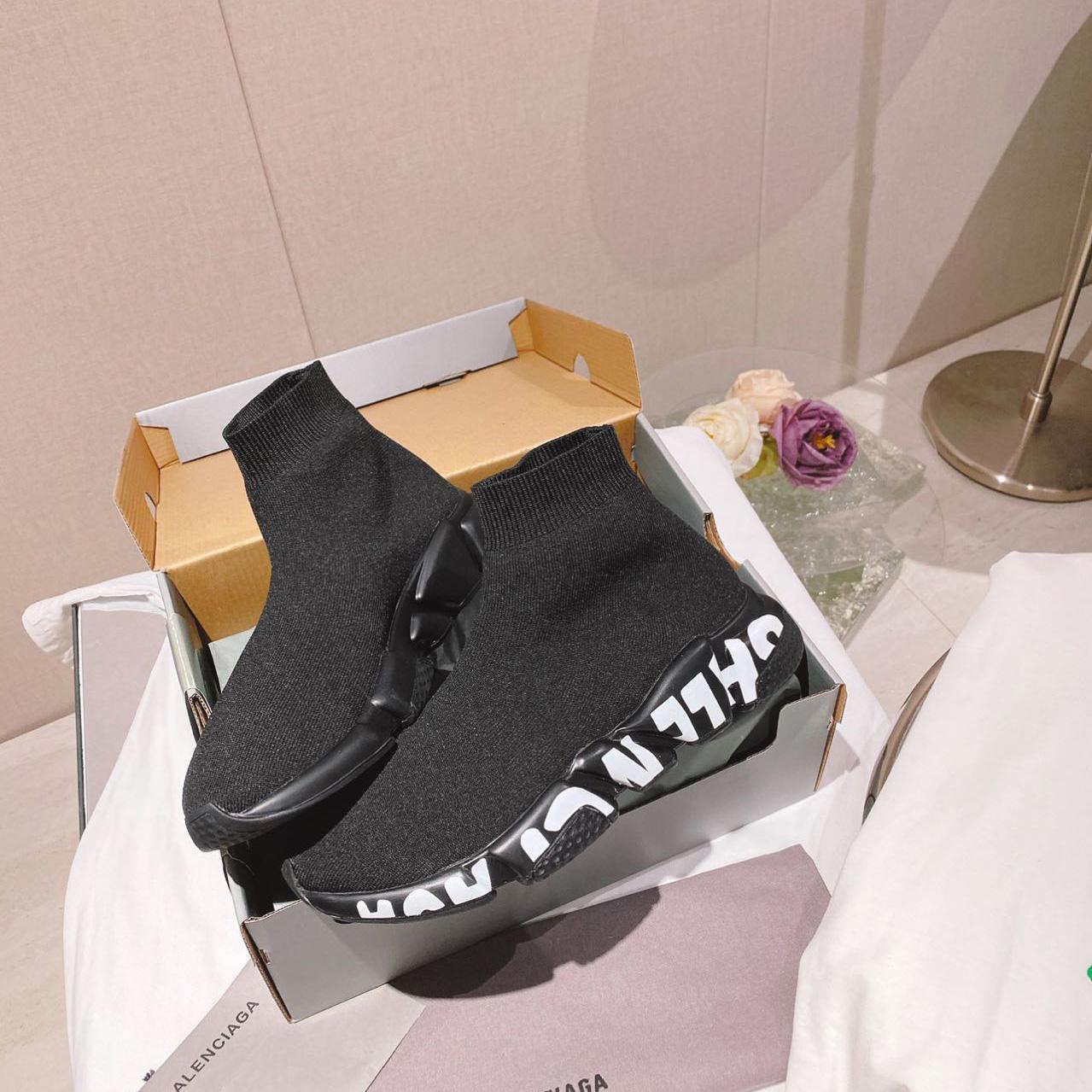 Balenciaga Speed Graffiti Sneaker In Black Knit - FashionPlug