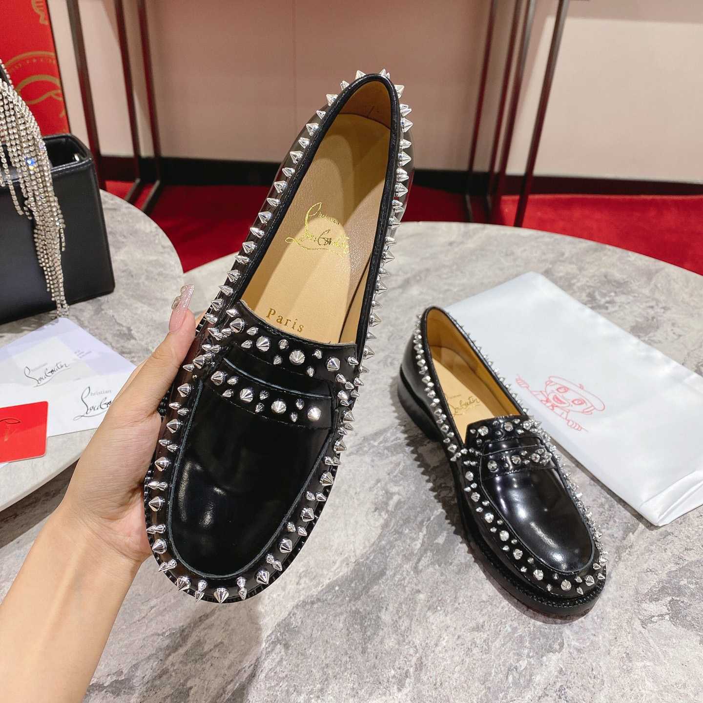 Christian Louboutin Women's Mattia Spikes Leather Loafers - FashionPlug