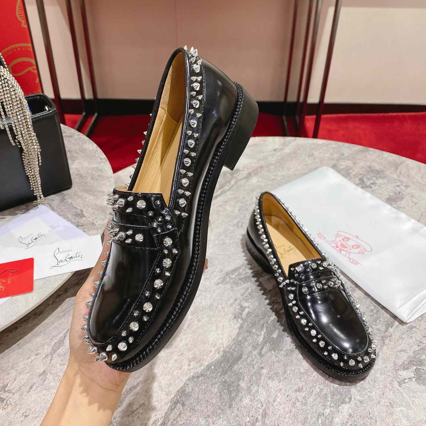 Christian Louboutin Women's Mattia Spikes Leather Loafers - FashionPlug