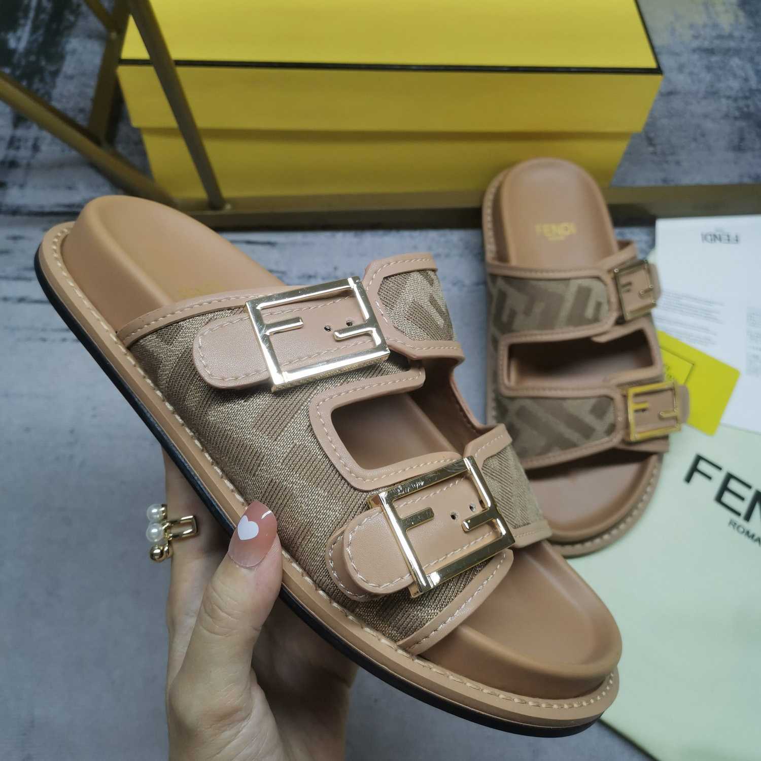Fendi Feel Dove Gray FF Chenille Slides - FashionPlug
