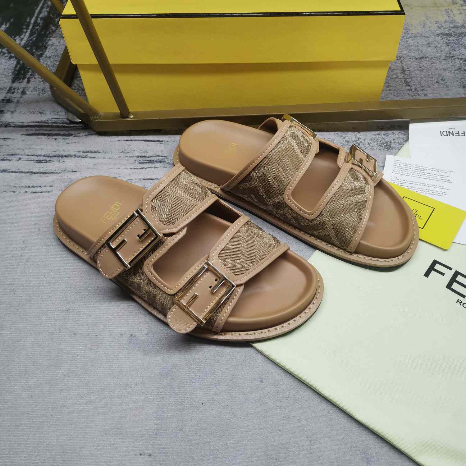 Fendi Feel Dove Gray FF Chenille Slides - FashionPlug