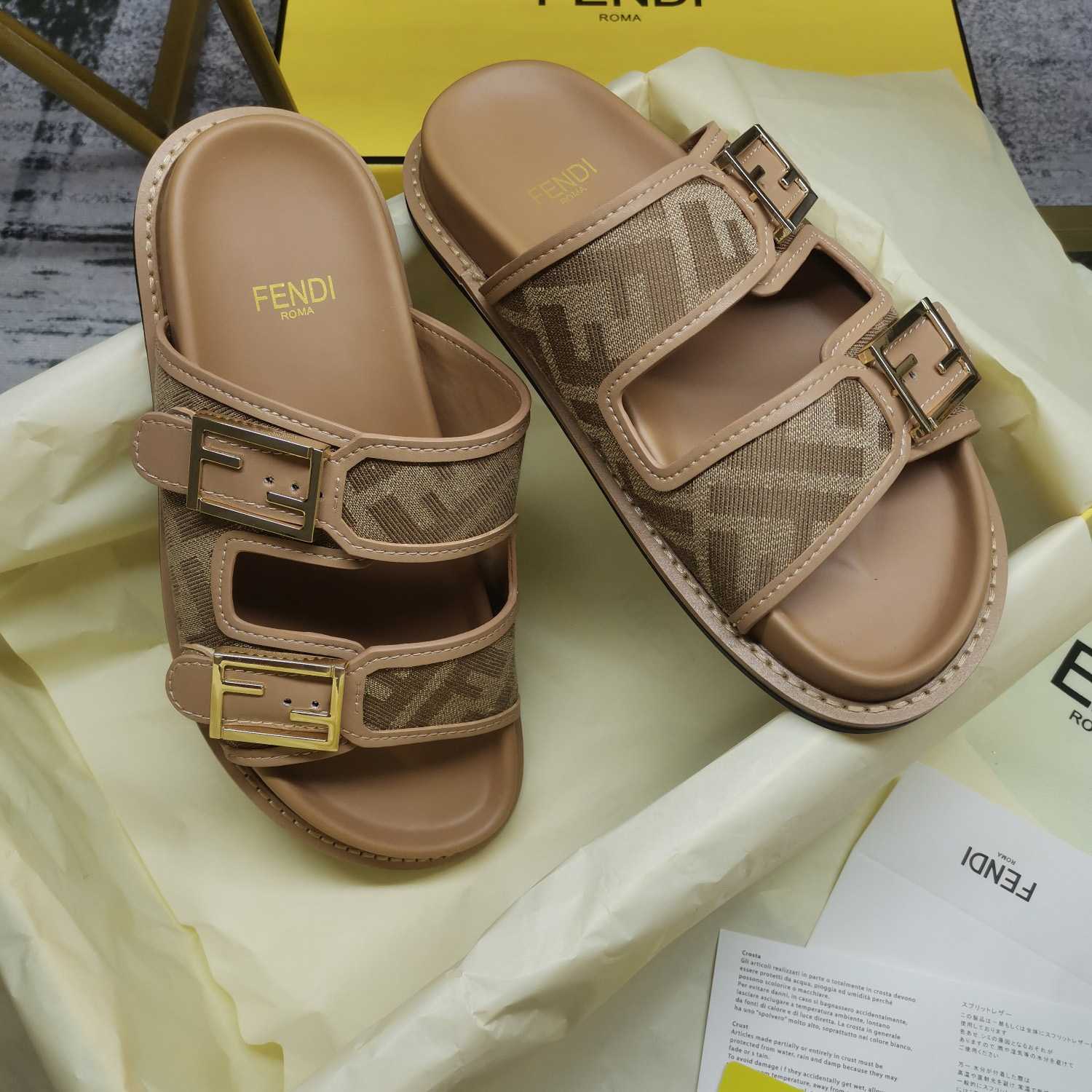 Fendi Feel Dove Gray FF Chenille Slides - FashionPlug