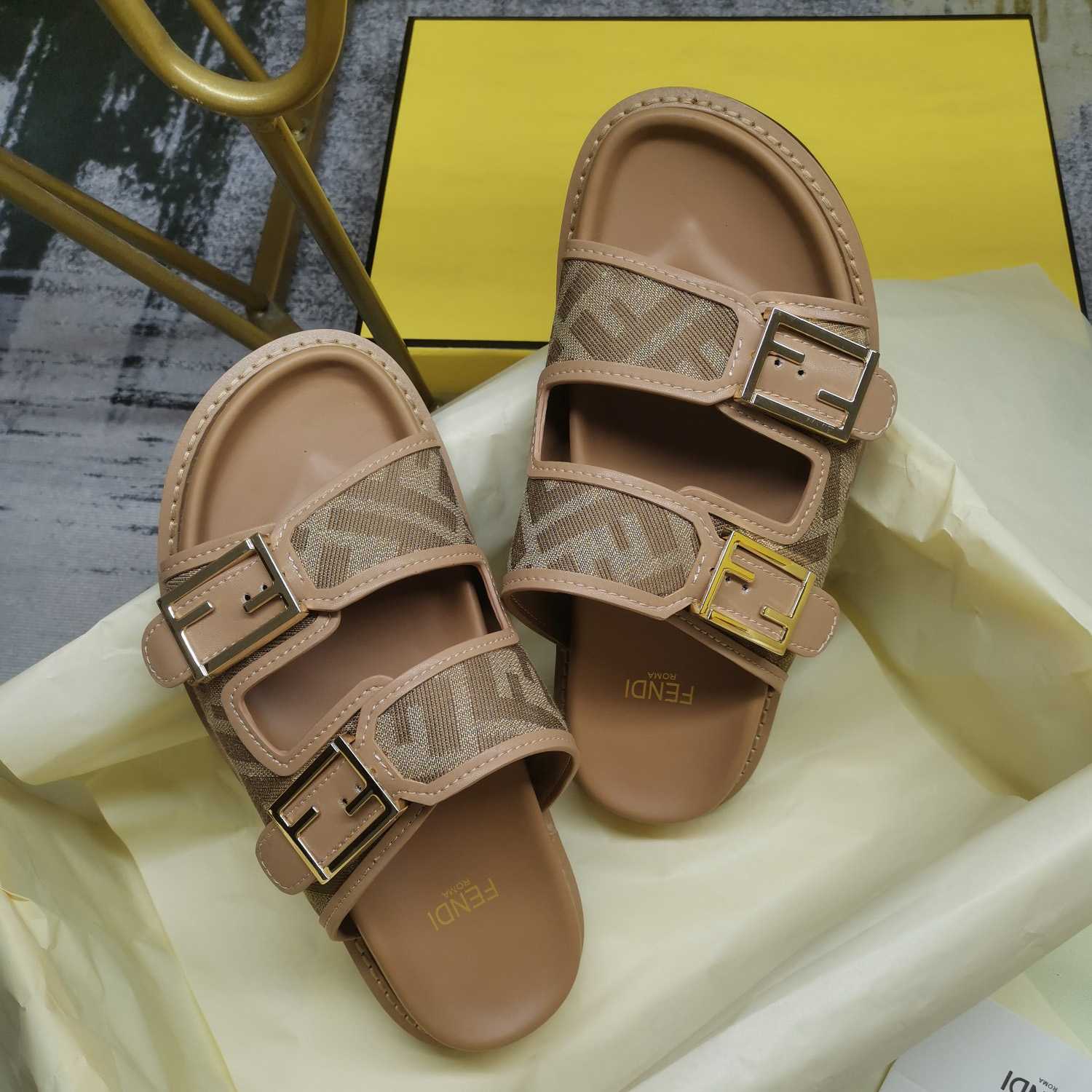 Fendi Feel Dove Gray FF Chenille Slides - FashionPlug