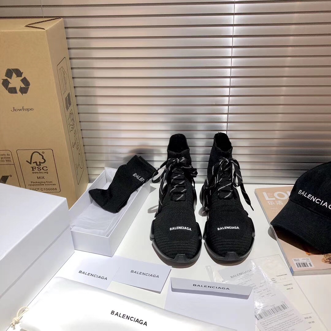 Balenciaga Speed 2.0 Lace-Up Sneaker In Black Recycled Knit - FashionPlug
