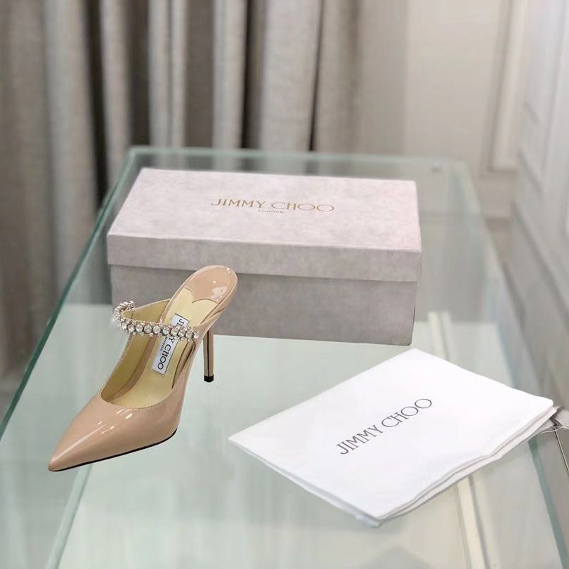 Jimmy Choo Bing 100 Ballet Pink Patent Leather Mules With Crystal Strap - FashionPlug