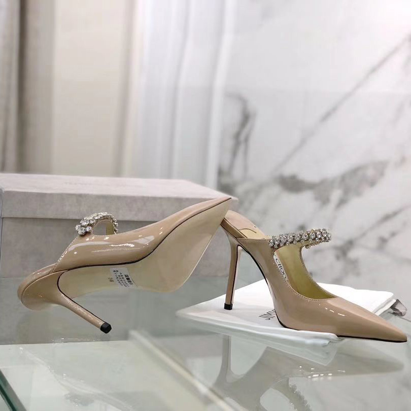 Jimmy Choo Bing 100 Ballet Pink Patent Leather Mules With Crystal Strap - FashionPlug