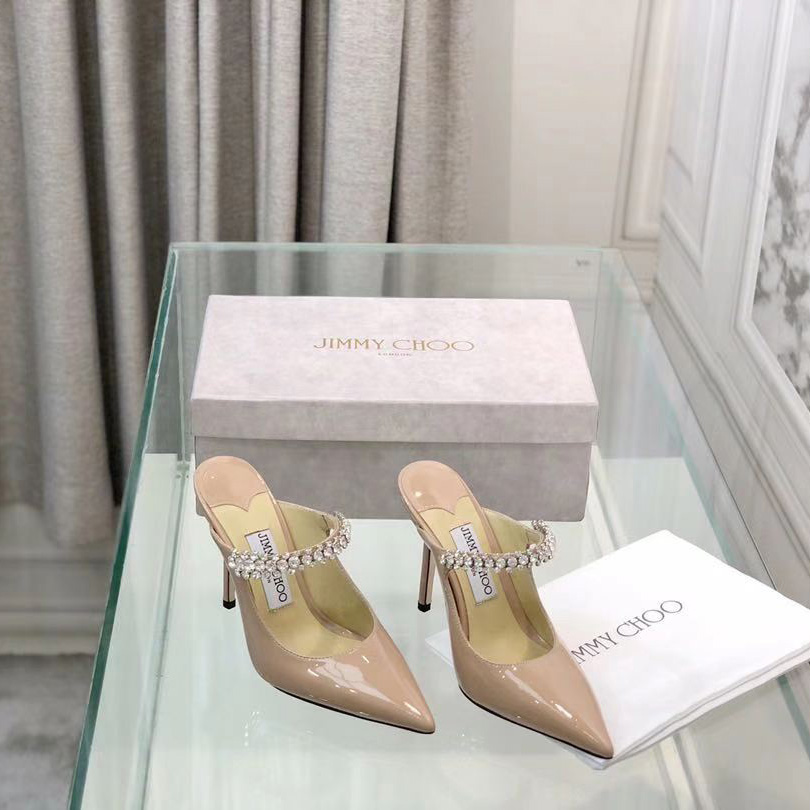 Jimmy Choo Bing 100 Ballet Pink Patent Leather Mules With Crystal Strap - FashionPlug