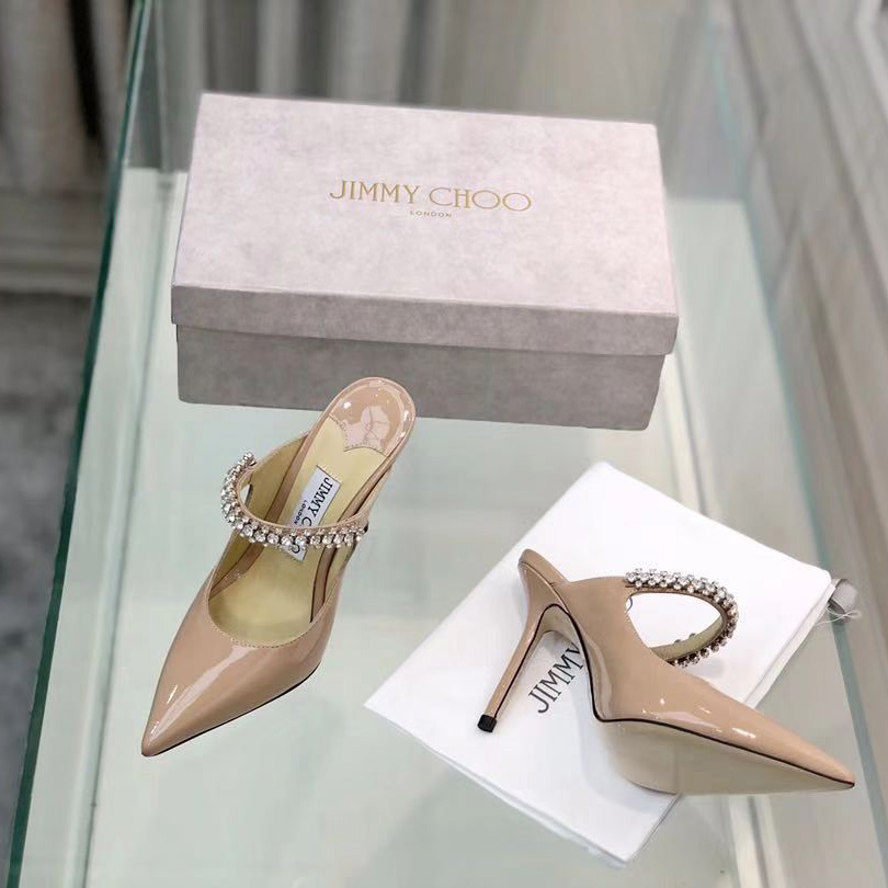 Jimmy Choo Bing 100 Ballet Pink Patent Leather Mules With Crystal Strap - FashionPlug