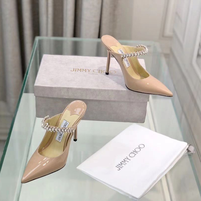 Jimmy Choo Bing 100 Ballet Pink Patent Leather Mules With Crystal Strap - FashionPlug