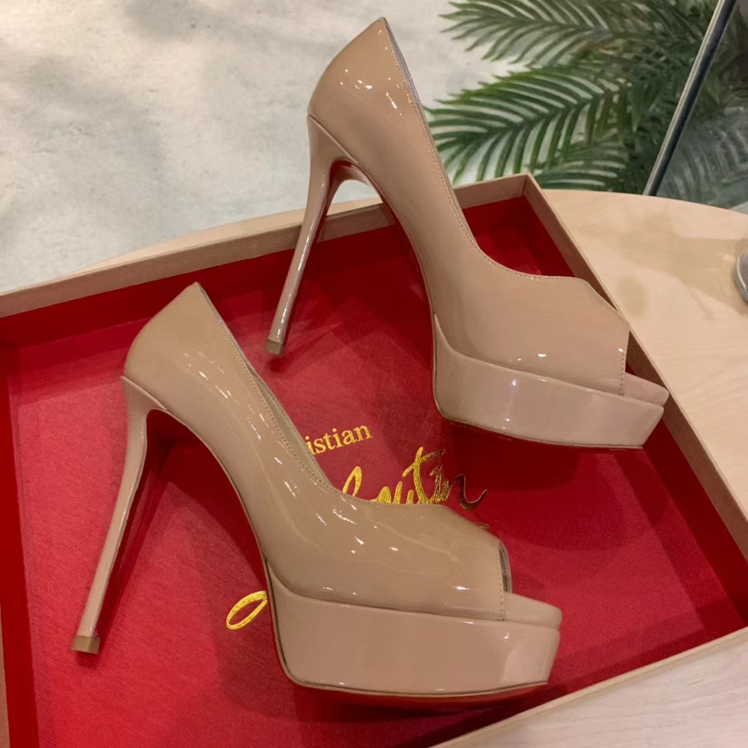 Christian Louboutin Lady Peep Patent Leather Heels - FashionPlug