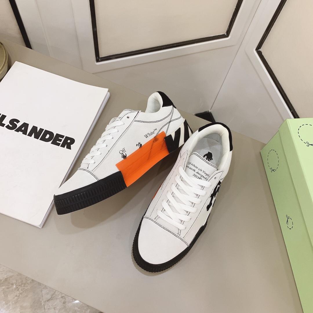 Off White White & Black Canvas Vulcanized Low Sneakers - FashionPlug