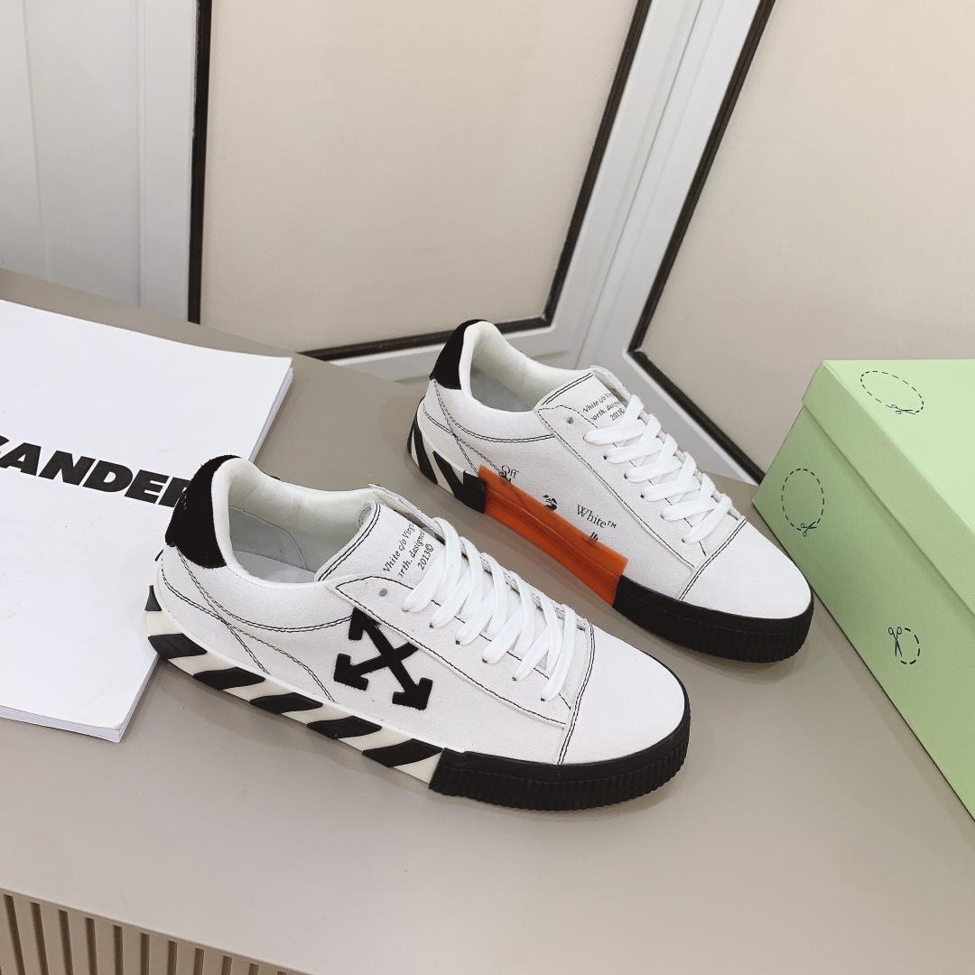 Off White White & Black Canvas Vulcanized Low Sneakers - FashionPlug