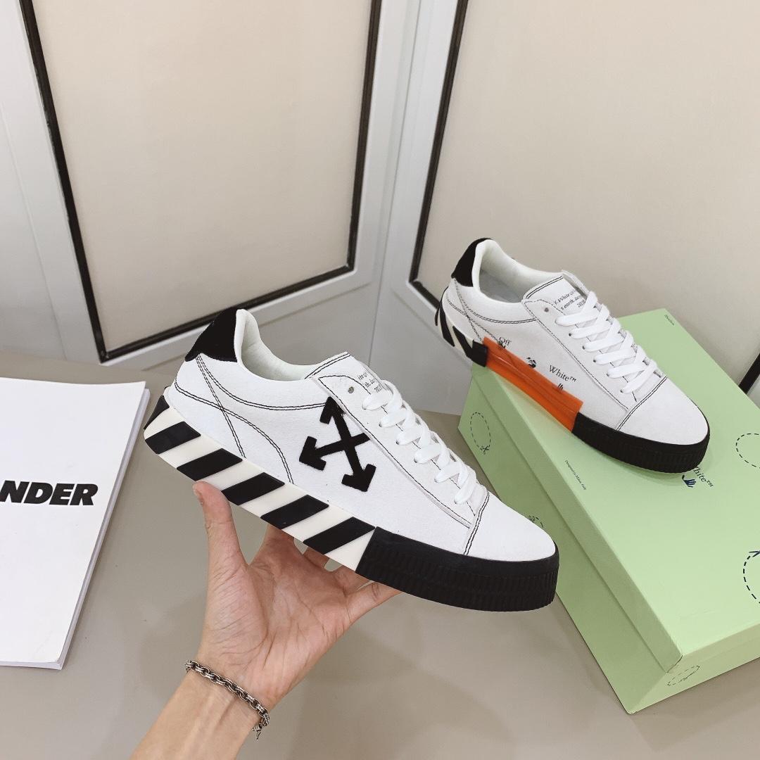 Off White White & Black Canvas Vulcanized Low Sneakers - FashionPlug