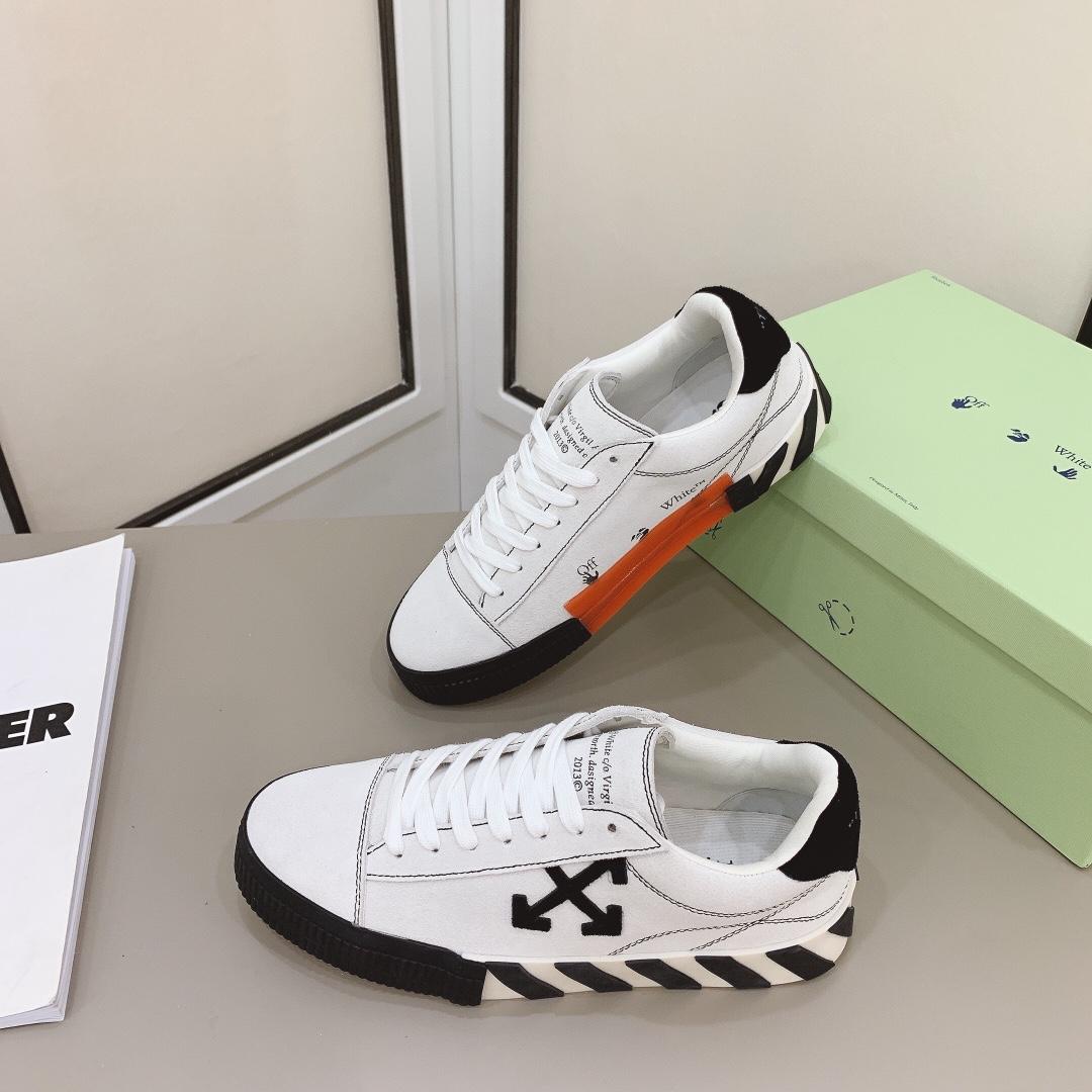 Off White White & Black Canvas Vulcanized Low Sneakers - FashionPlug