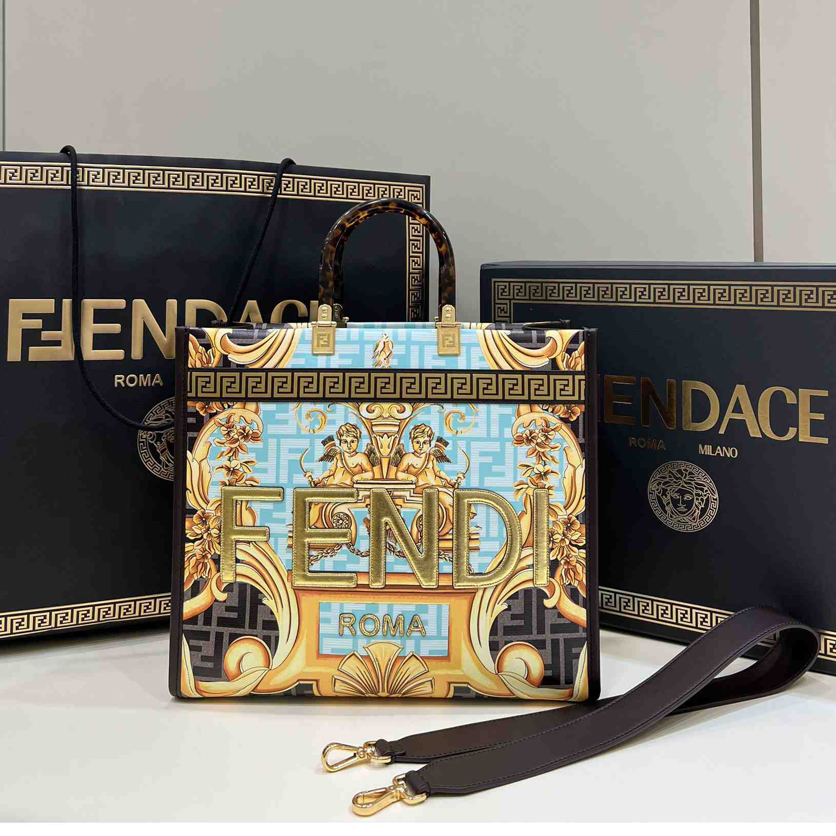 Versace x Fendi Sunshine Fendace Leather Shopper(36-13-32cm) - FashionPlug