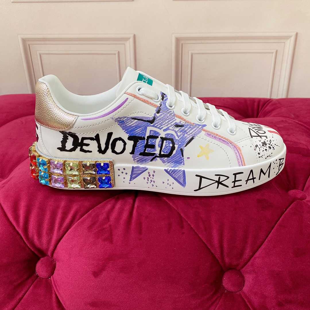 Dolce & Gabbana Calfskin Portofino Sneakers With Embroidery And Lettering - FashionPlug