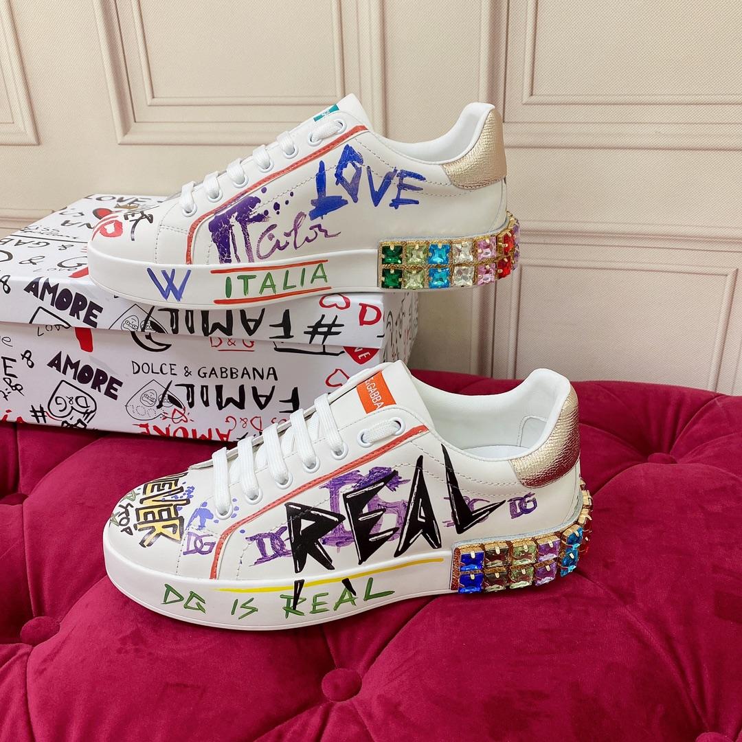 Dolce & Gabbana Calfskin Portofino Sneakers With Embroidery And Lettering - FashionPlug