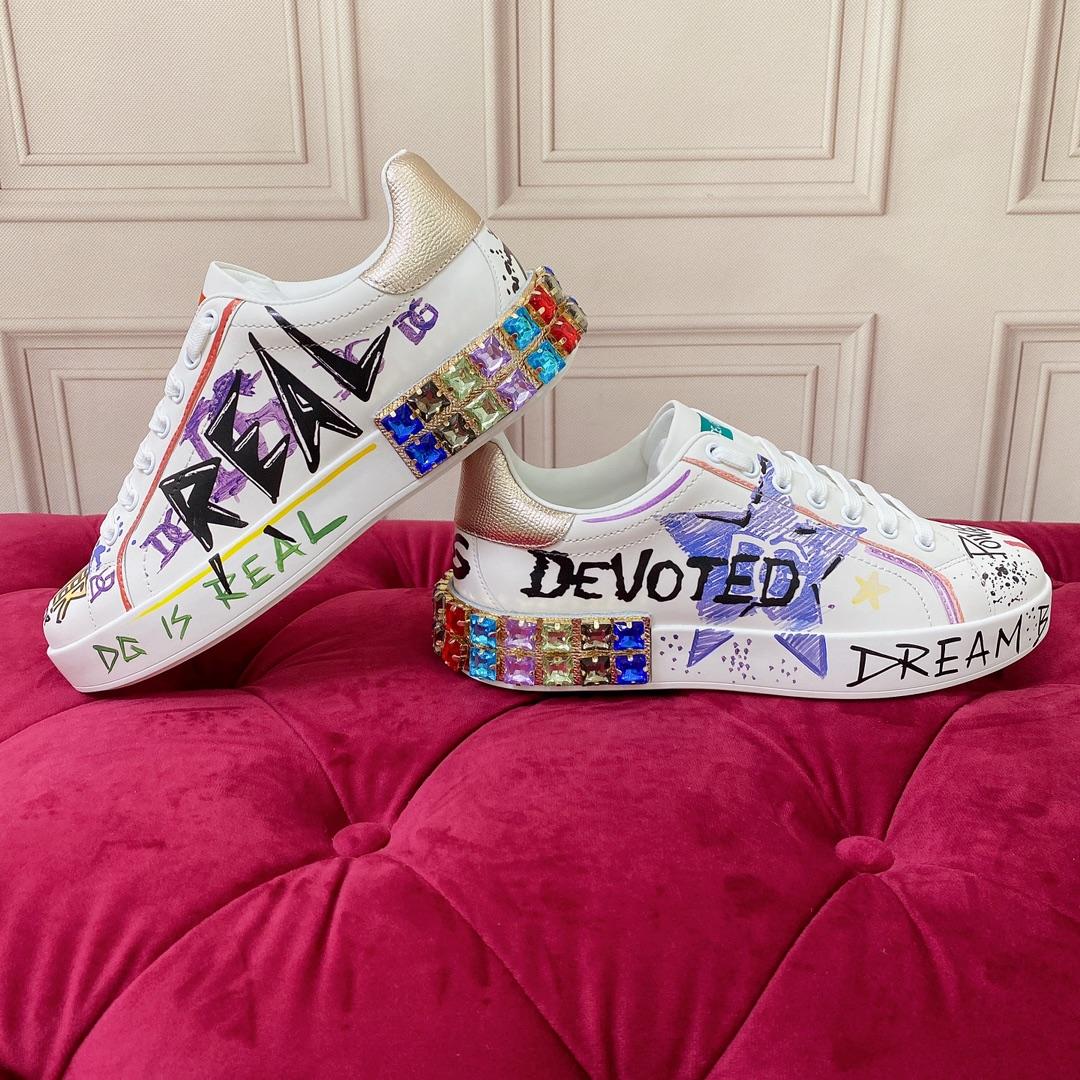 Dolce & Gabbana Calfskin Portofino Sneakers With Embroidery And Lettering - FashionPlug