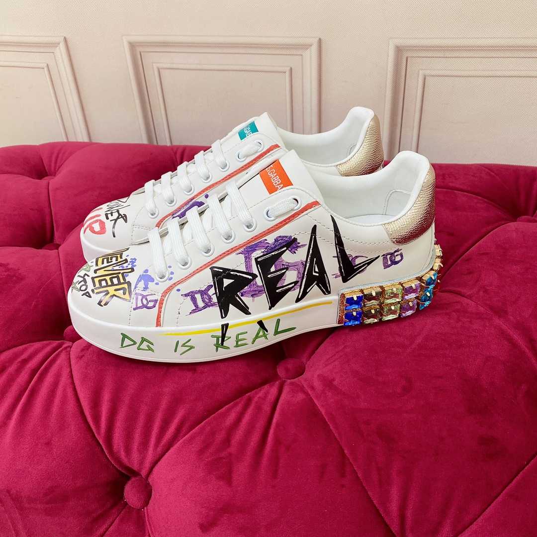 Dolce & Gabbana Calfskin Portofino Sneakers With Embroidery And Lettering - FashionPlug