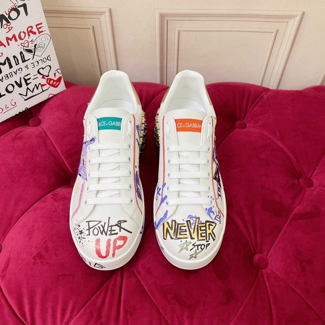 Dolce & Gabbana Calfskin Portofino Sneakers With Embroidery And Lettering - FashionPlug