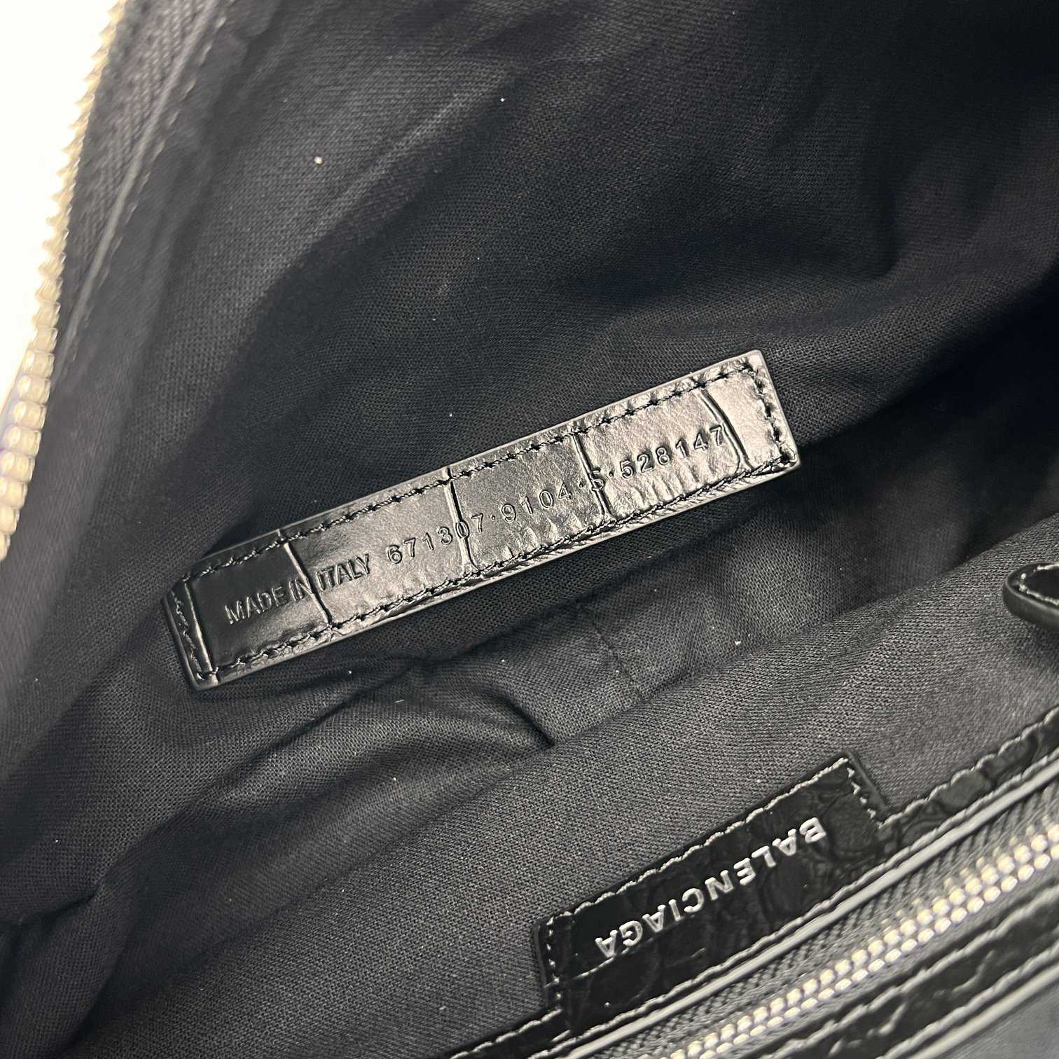 Balenciaga Women's Le Cagole Small Shoulder Bag Metallized Crocodile Embossed With Rhinestones In Black - FashionPlug