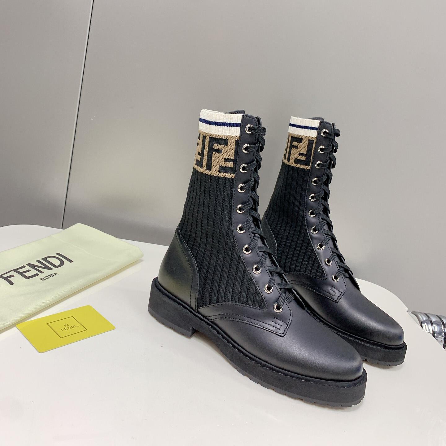 Fendi Rockoko Black Leather Biker Boots With Stretch Fabric - FashionPlug