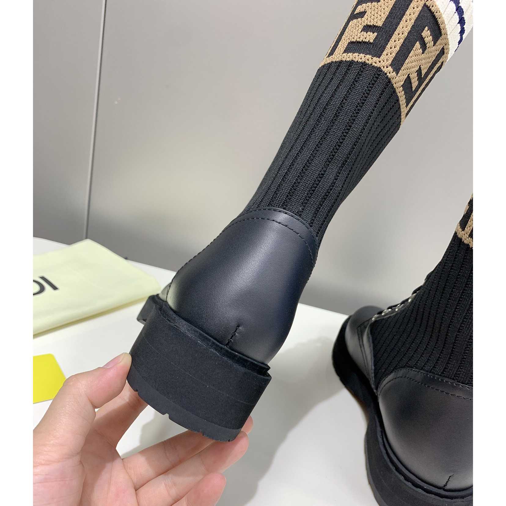 Fendi Rockoko Black Leather Biker Boots With Stretch Fabric - FashionPlug
