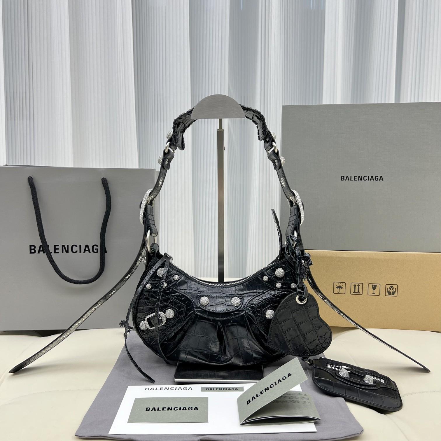 Balenciaga Women's Le Cagole XS Shoulder Bag Crocodile Embossed With Rhinestones In Black - FashionPlug
