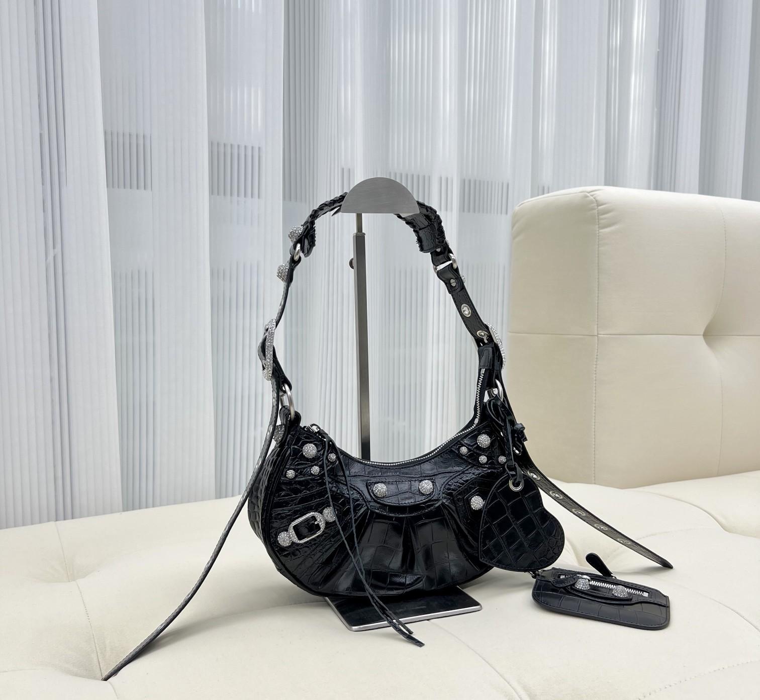 Balenciaga Women's Le Cagole XS Shoulder Bag Crocodile Embossed With Rhinestones In Black - FashionPlug