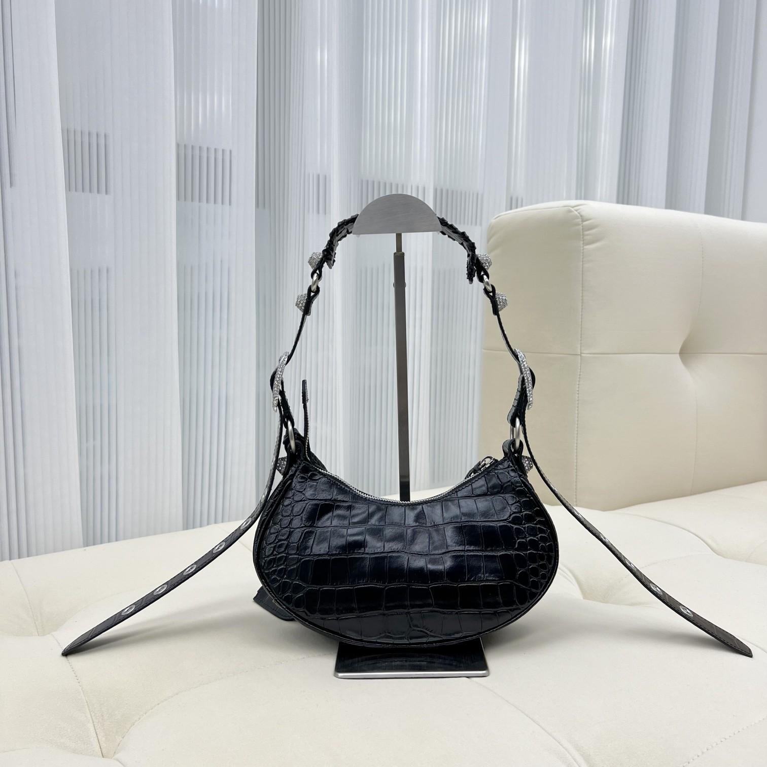 Balenciaga Women's Le Cagole XS Shoulder Bag Crocodile Embossed With Rhinestones In Black - FashionPlug