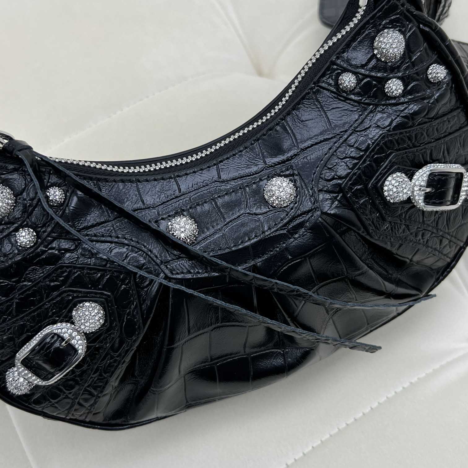 Balenciaga Women's Le Cagole XS Shoulder Bag Crocodile Embossed With Rhinestones In Black - FashionPlug